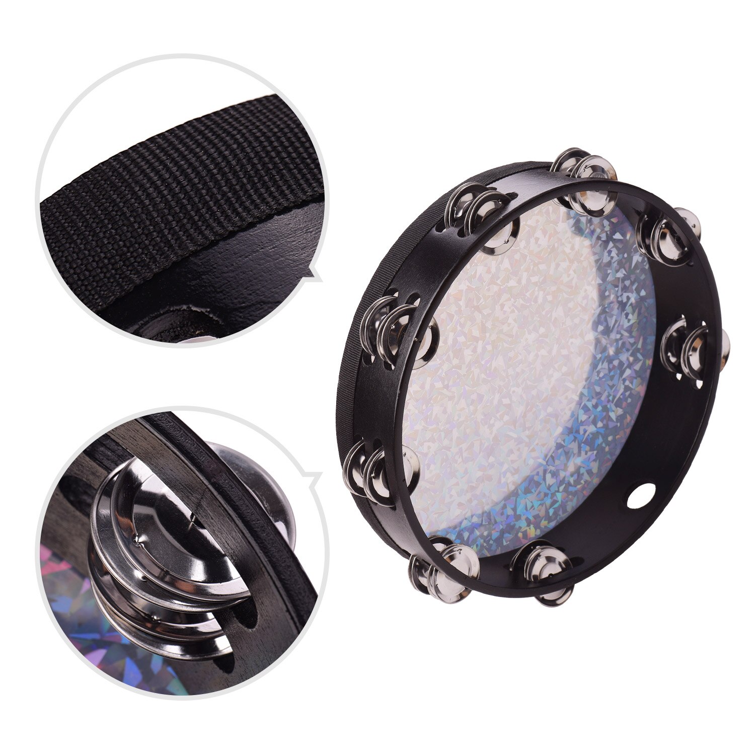 Pandereta de madera radiante de 10 pulgadas, tambor de mano con dobles hileras, Jingles, instrumento de percusión con cabezal de tambor reflectante brillante