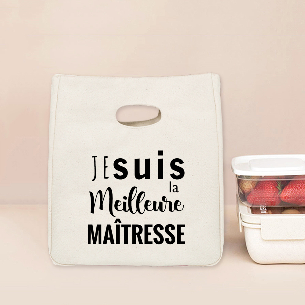 Merci Maitresse Maitre French Printed Lunch Bag Insulated Cooler Bento Tote Thermal Food Bags Teacher's Day for Teachers: Beige