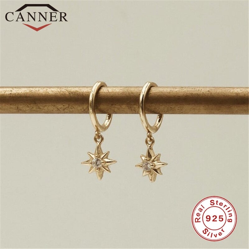 925 Sterling Silver Hoop Earrings for Women Minimalist INS Anise Star Small Sun CZ Crystal Zircon Earrings Jewelry