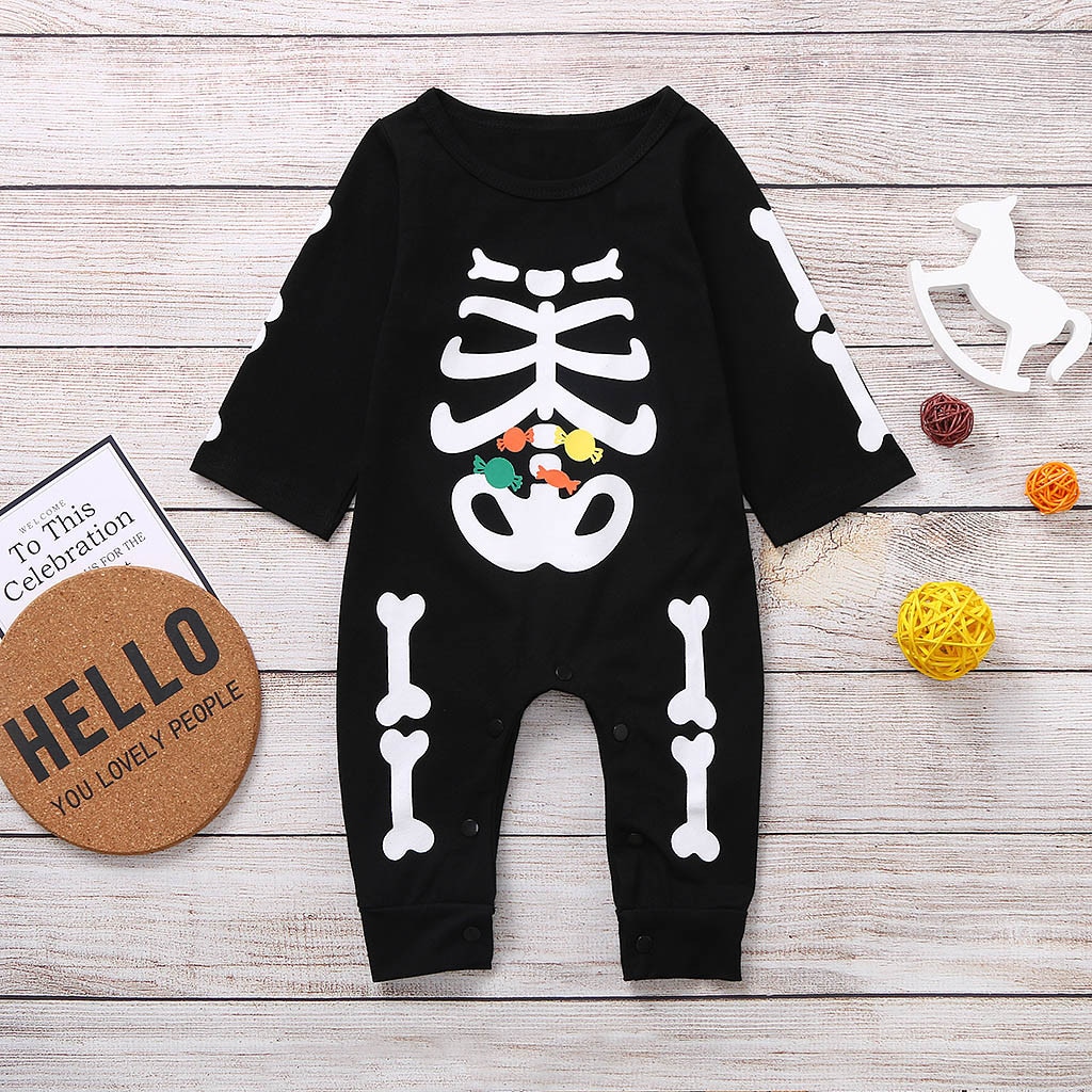 Ropa infantil de Halloween para bebés y niñas, de calavera Pelele con estampado de dibujos animados, Mono de manga larga, ropa para bebés