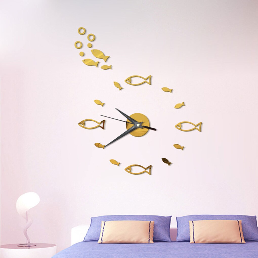 Acrylic Mirror Wall Clock Sticker Set 3D Fish wall clock Home Decor Poster Decals Poster Paster Decor Kitchen Living Drawing
