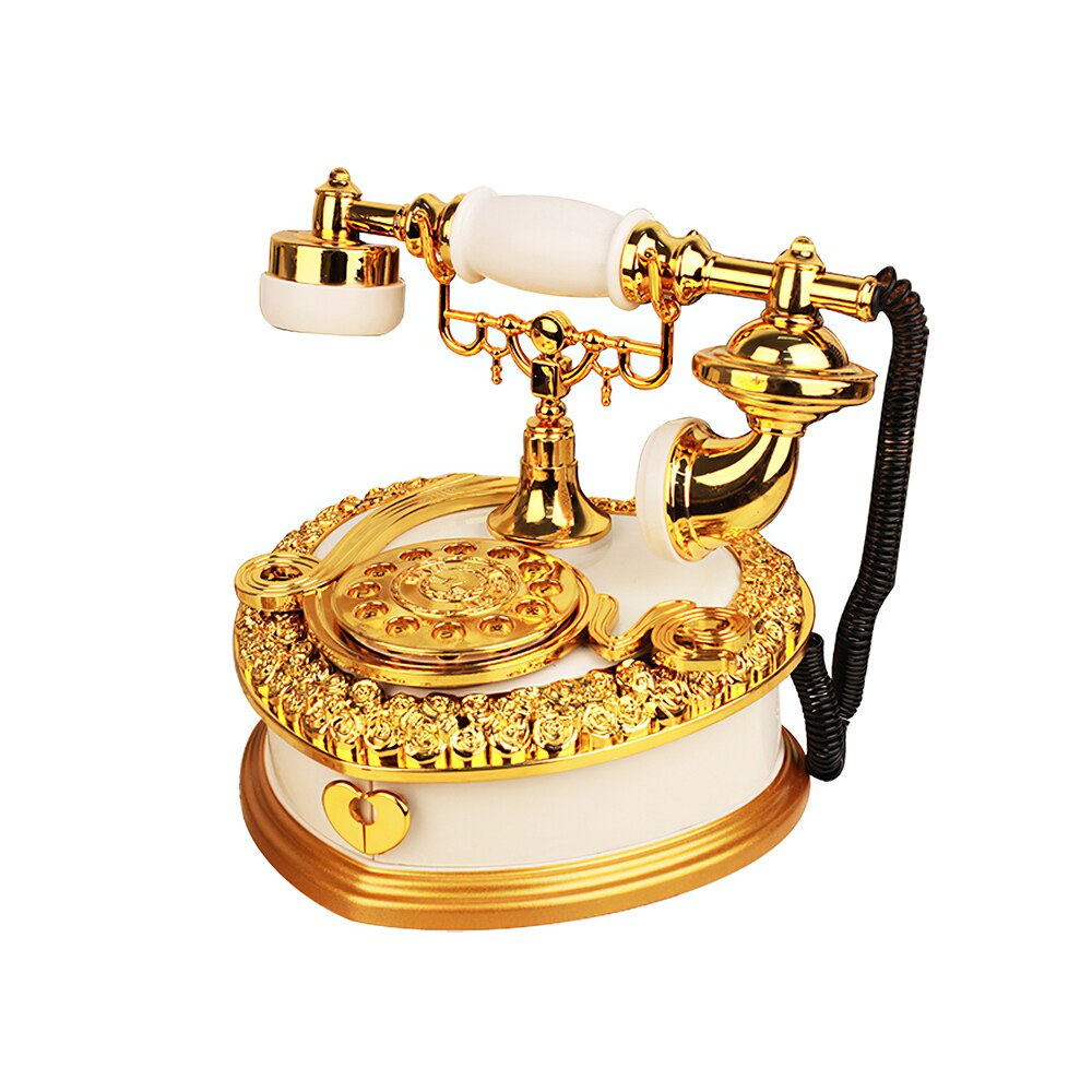 Retro Heart Shaped Telephone Model Music Box Birthday Home Ornament Decoration Antique Carved Wooden Hand Crank Music Box: White