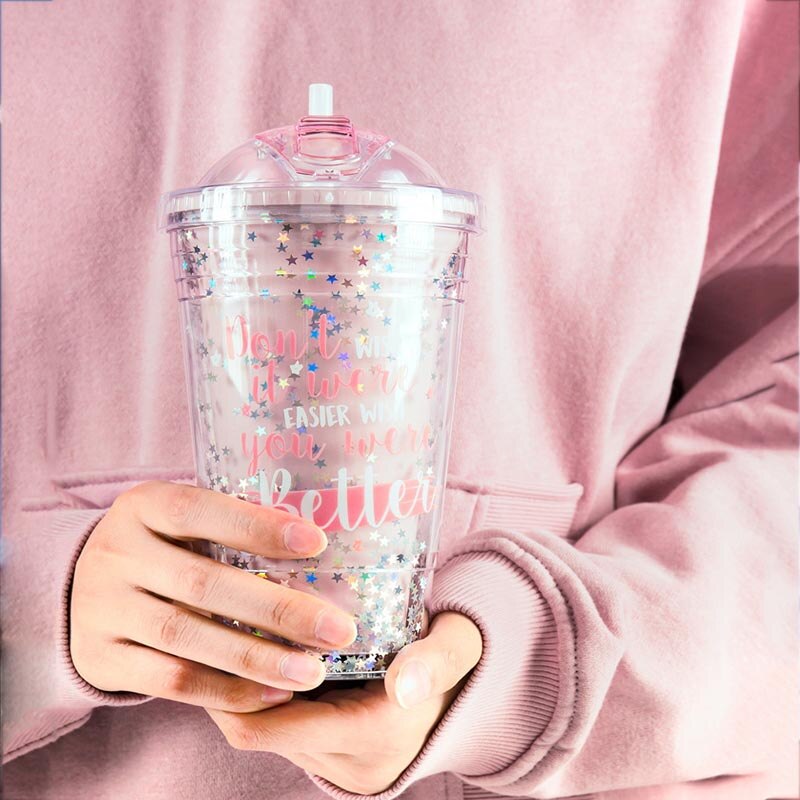 Slik farve 420ml vandflaske til piger søde stjerne pailletter dobbelt lyserøde drikkeflasker med halm