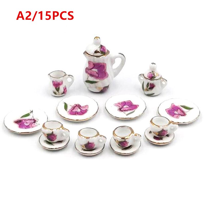 15Pcs 1:12 Miniature Porcelain Tea Cup Set Chintz Flower Tableware Kitchen Dollhouse Furniture Toys For Children: A2