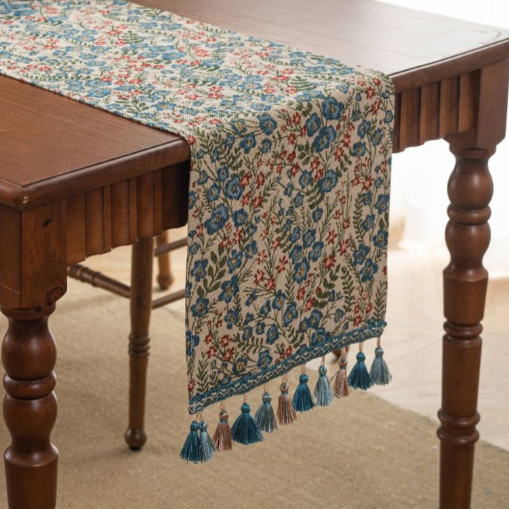 Heminredning vintage jacquard bordslöpare blommönster med tofsduk förtjockad bordsduk år: Vit