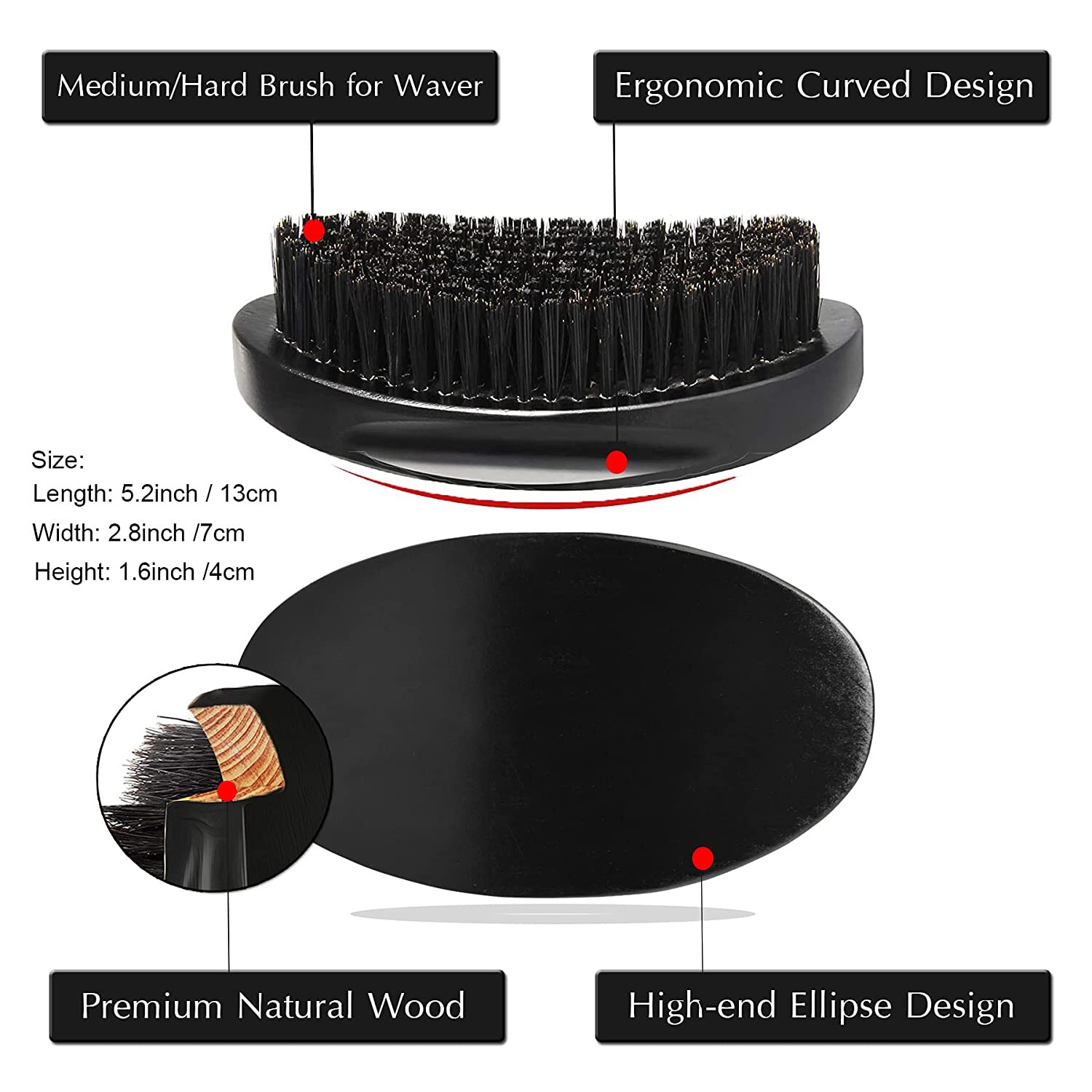 Black Hard and Medium Afro Men Good Hair Brush Curved Wood Handle Boar Bristles 360 Wave Brush Waves Cap Brushes for Man