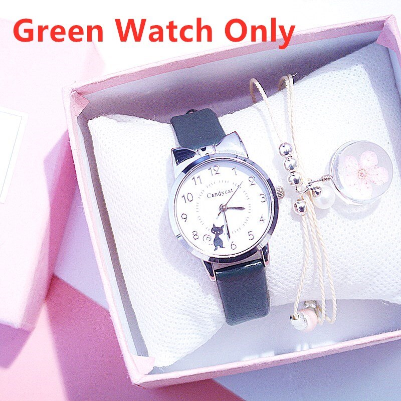 Studenten Kinderen Roze Horloge Meisjes Lederen Kind Kids Zwarte Kat Quartz Horloge Ronde Analoge Klok Horloges: Green Watch Only