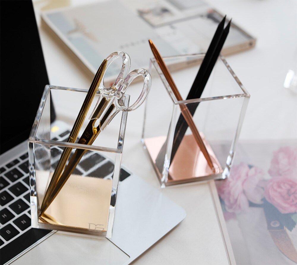 yellow gold /rose gold Acrylic Pencil and Pen Holder, Desktop Stationery Organizer Modern