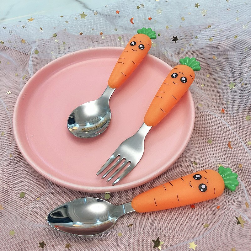 Children's Home Tableware Cute Cartoon Radish Stainless Steel Baby Goods Cutlery Set Feeding Spoon Fork Things For Baby
