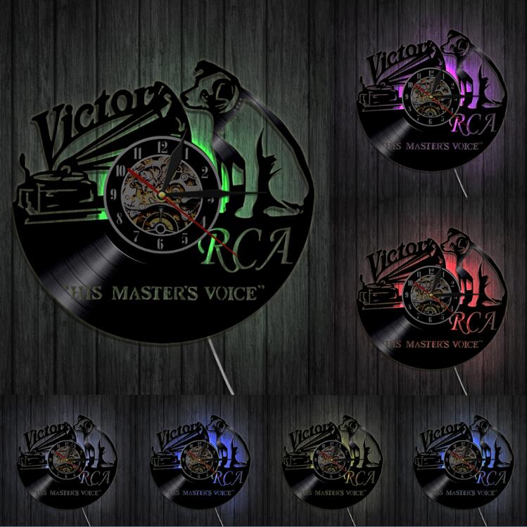 1Piece Victor RCA Vinyl Record Clock Cute Dog Handmade Wall Decor Animals Vintage Hanging Art Timepiece Clocks: With LED