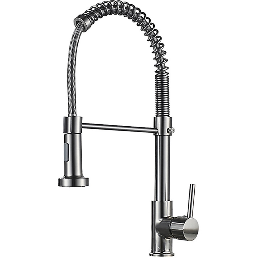Kitchen Faucets Commercial Solid Brass Single Handle Single Lever Pull Down Sprayer Spring Kitchen Sink Faucet, Silver, Black