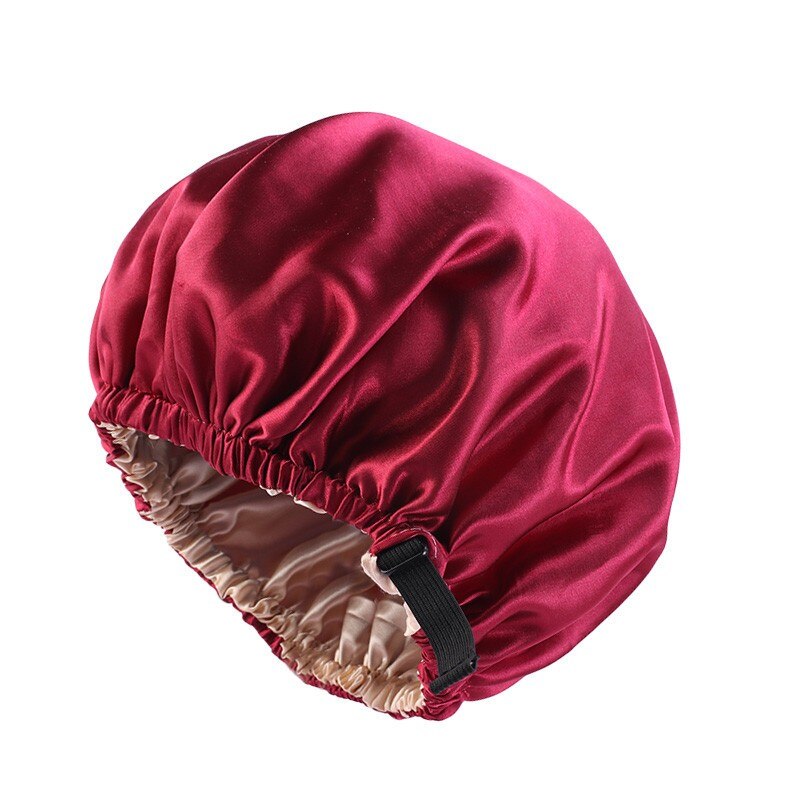 Women Satin Bonnet Hair Cap Double Layer Sleep Night Cap With Invisible Flat Adjusting Button Head Cover Bonnets Hat: Burgundy