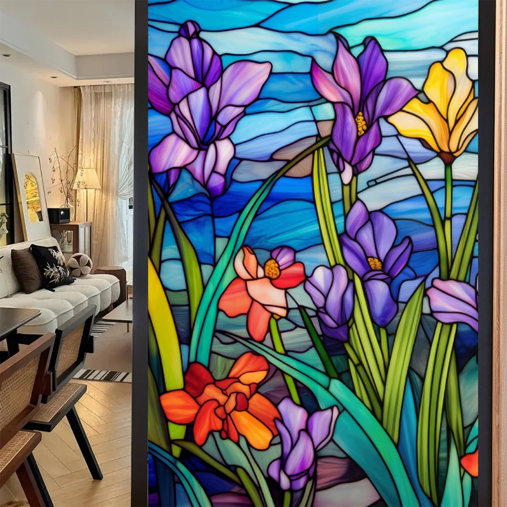Película esmerilada para ventana de vidrieras, película para ventana floral adhesiva estática, calcomanías para ventana de vidrio de baño no adhesivas para ventanas, 17,7 "x