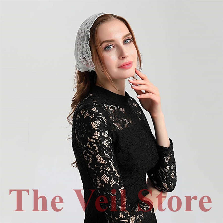 White Soft Stretch Lace Mantilla Chapel Veils for Church Tie style Headwrap Covering Headband Latin Mass Velo Mantilla de Novia
