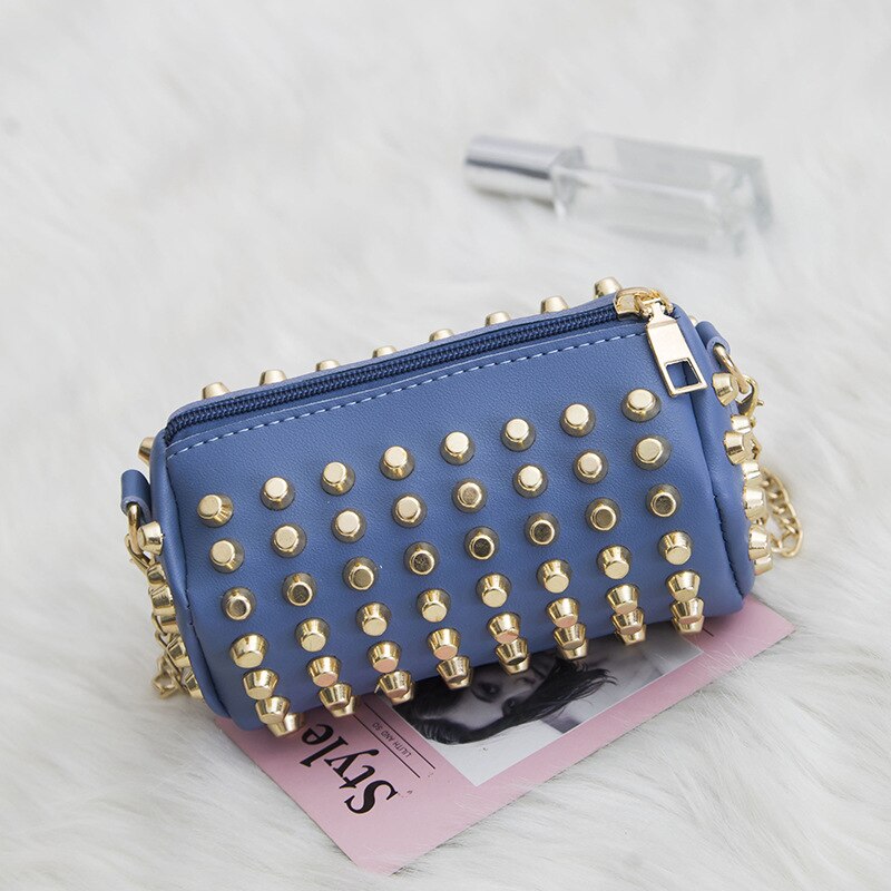 Koreaanse Stijl Mode Klinknagel Kleine Emmer Kussen Chain Crossbody Kinderen Zakken Mini Crossbody Tas Vrouwen: Blauw