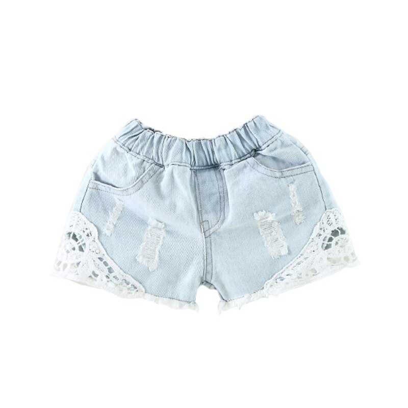 2-12y piger jeansshorts med blonder huler cowboy børn piger søde shorts jeans korte blonder lomme denim shorts børn