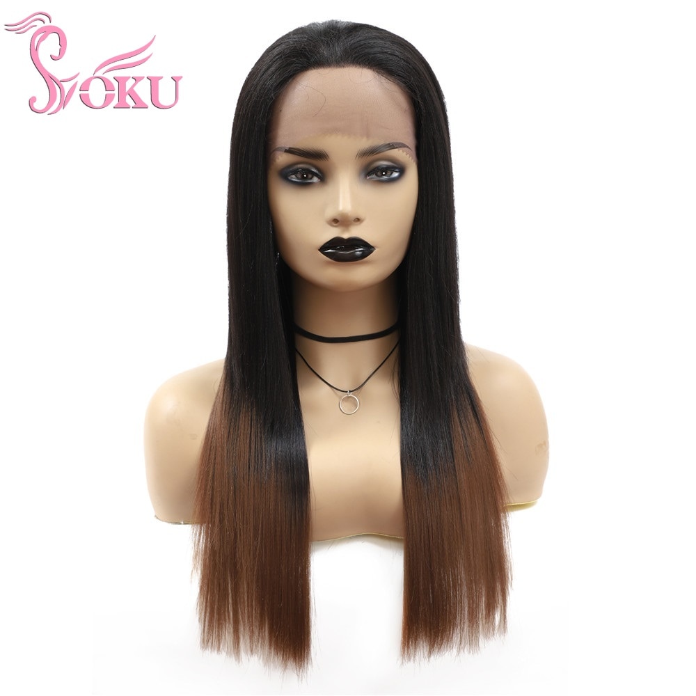 SOKU Ombre Schwarz Braun Spitze Vorne Perücke Synthetische Haar 18/22 Zoll Lange Gerade afro geschichtet Perücken Wärme Beständig Glueless Haar