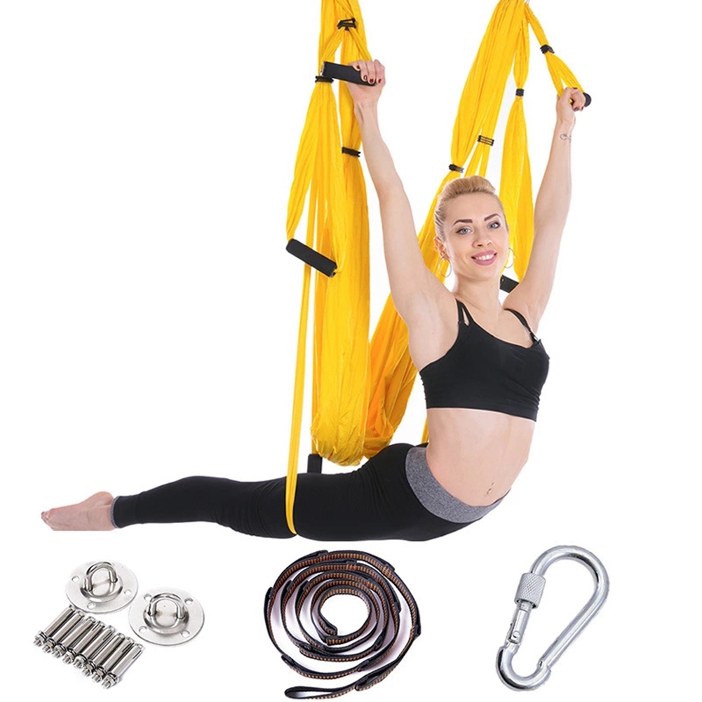 Full Set 2.5*1.5m Aerial Yoga Hammock Anti-Gravity Nylon Flying Swing Pilates Home GYM Hanging Belt Ceiling Plates: Yellow