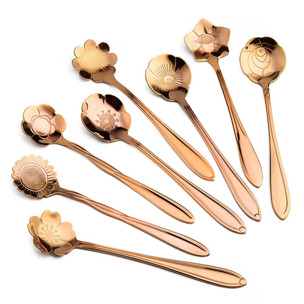 8 Pieces/Set Flower Shaped Spoon Dessert Coffee Stirring Scoop Long Handle Mini Dessert Spoons Tableware Decor