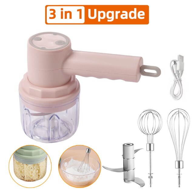 Mezclador de alimentos eléctrico inalámbrico 2 en 1, batidora de alimentos eléctrica de alta potencia, batidora de masa, batidor de huevos, batidora manual para hornear, herramientas de cocina: Upgrade 3 in 1 Pink