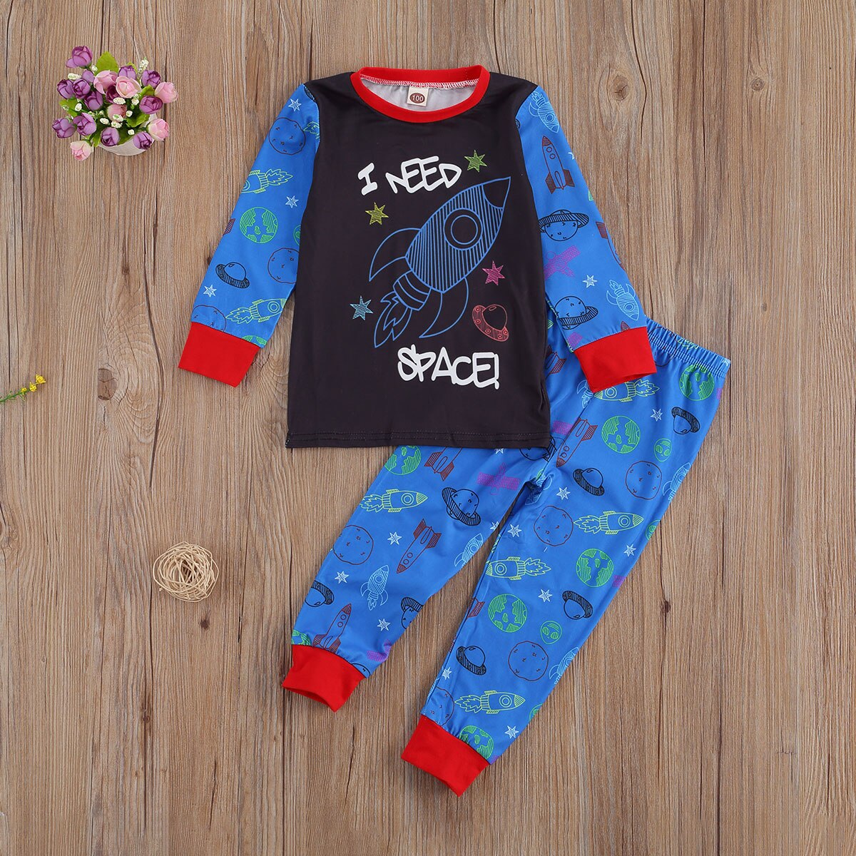Børn barn baby dreng pyjamas sæt nattøj tøj efterår efterår langærmede t-shirt bukser rumskib hjemmetøj tøj 2 stk.