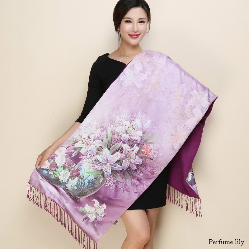 hiver Double côtés cachemire écharpe femmes long Pashmina Tippet femelle châles et Wrap Foulard femme floral foulards en soie: 17