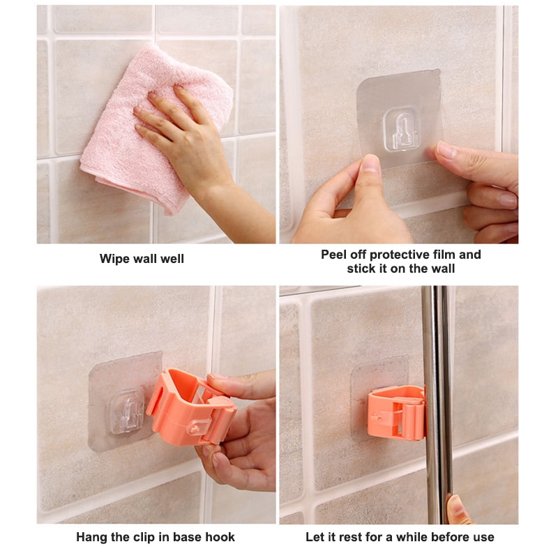 2pcs Kitchen Mop Rack Bathroom Organizer Wall Mounted Shelf Hook Broom Holder Hanger Behind Doors/On Walls Kitchen Storage Tool