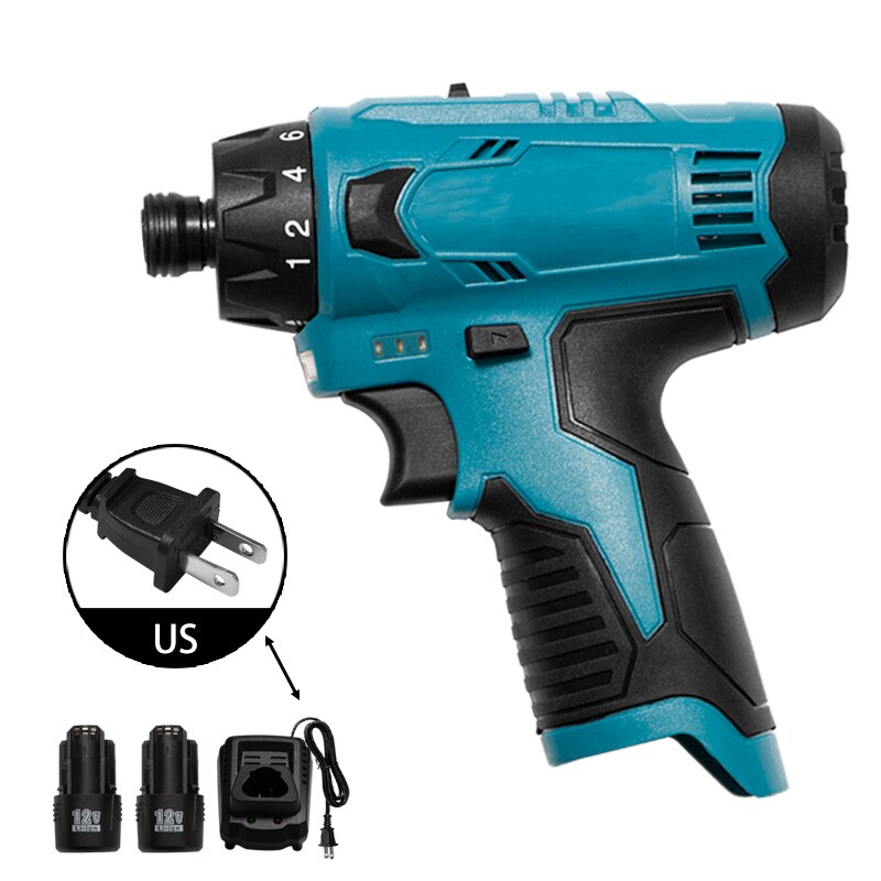 12V Cordless Impact Electric Drill Electrical Hammer Screwdriver Set Hand Driver Wrench Power Tool For Lithium-ion Battery: US 1Charger 2Battery