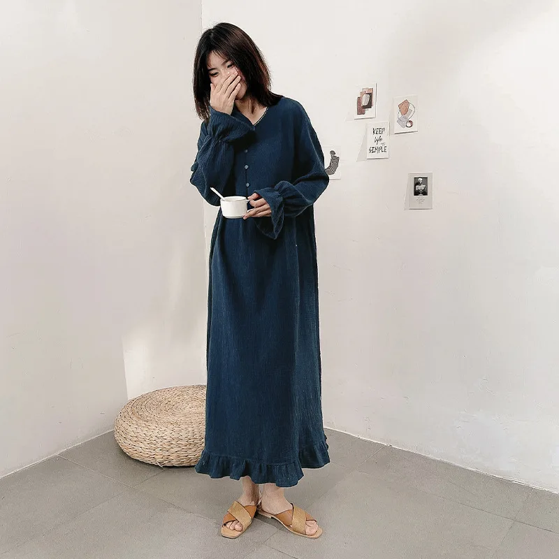 100% algodão mulher vestido bonito cereja impressão manga longa botão até coreano maxi vestidos confortáveis homewear vestido de mujer