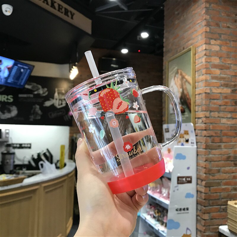 450Ml Aardbei Glazen Fles Stro Water Met Schaal Kawaii Transparante Melk Sap Koffie Thee Cup Mok Voor Kinderen