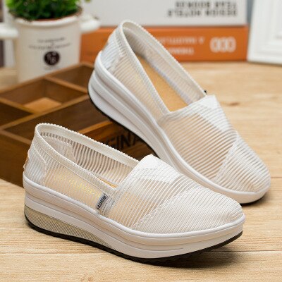 SWYIVY Women Toning Shoes Mesh Breathable Thick-sole Swing Shoes Summer Hollow Ultra-light Soft Female Slimming Shoes: white / 37