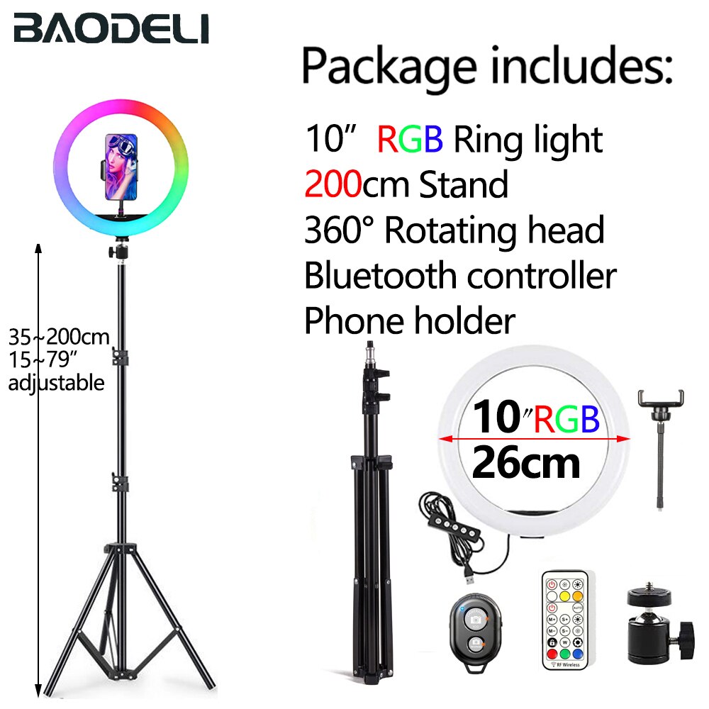 Anillo de luz Led para Selfie, lámpara de luz de relleno circular de 30cm, 12 pulgadas, con trípode y soporte para teléfono: 10in 200cm