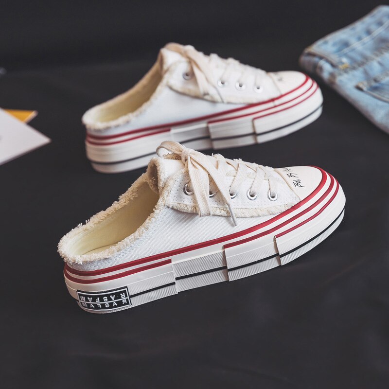 2022 sommer tøfler trendy sko uden hæl kanvas sko hvid dame stilfulde sneakers ingen ryg ensfarvede sneakers
