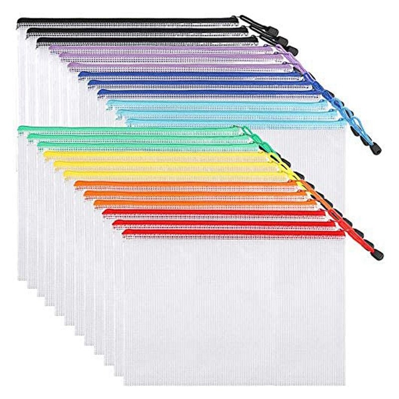 24Pcs Mesh Zipper Pouch Document Bag, Plastic Zip File Folders, Letter Size/A4 Size, for Office Supplies: Default Title