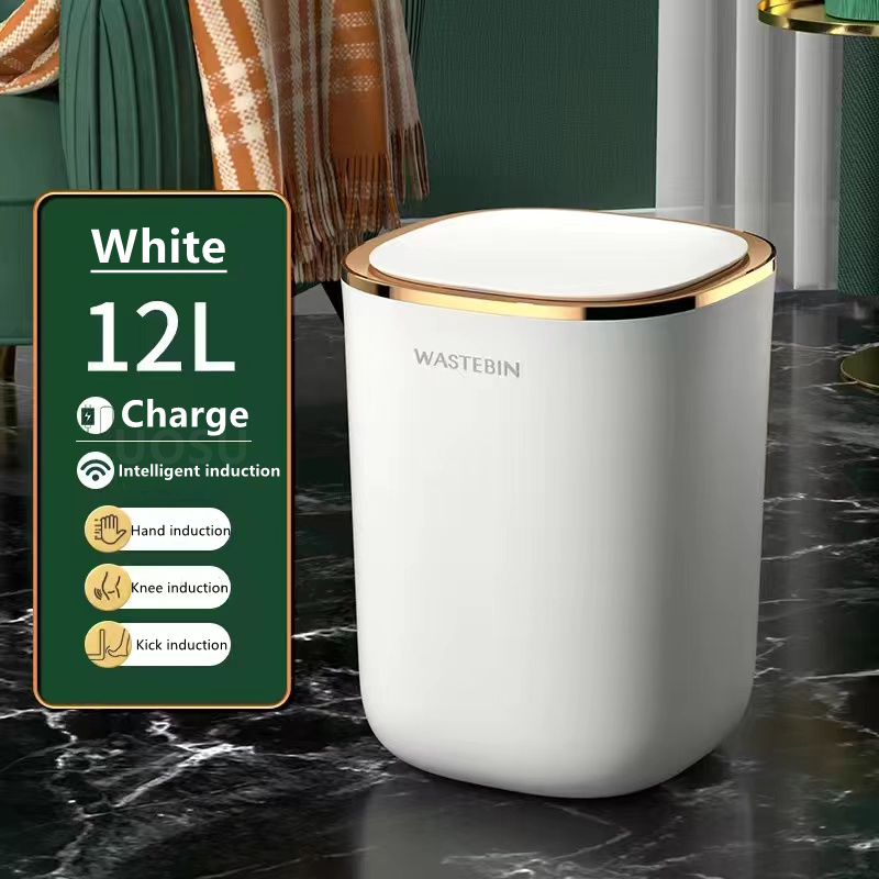 Smart Induction Trash Can Automatic Intelligent Sensor Dustbin Electric Touch Trash Bin for Kitchen Bathroom Bedroom Garbage: Charge White