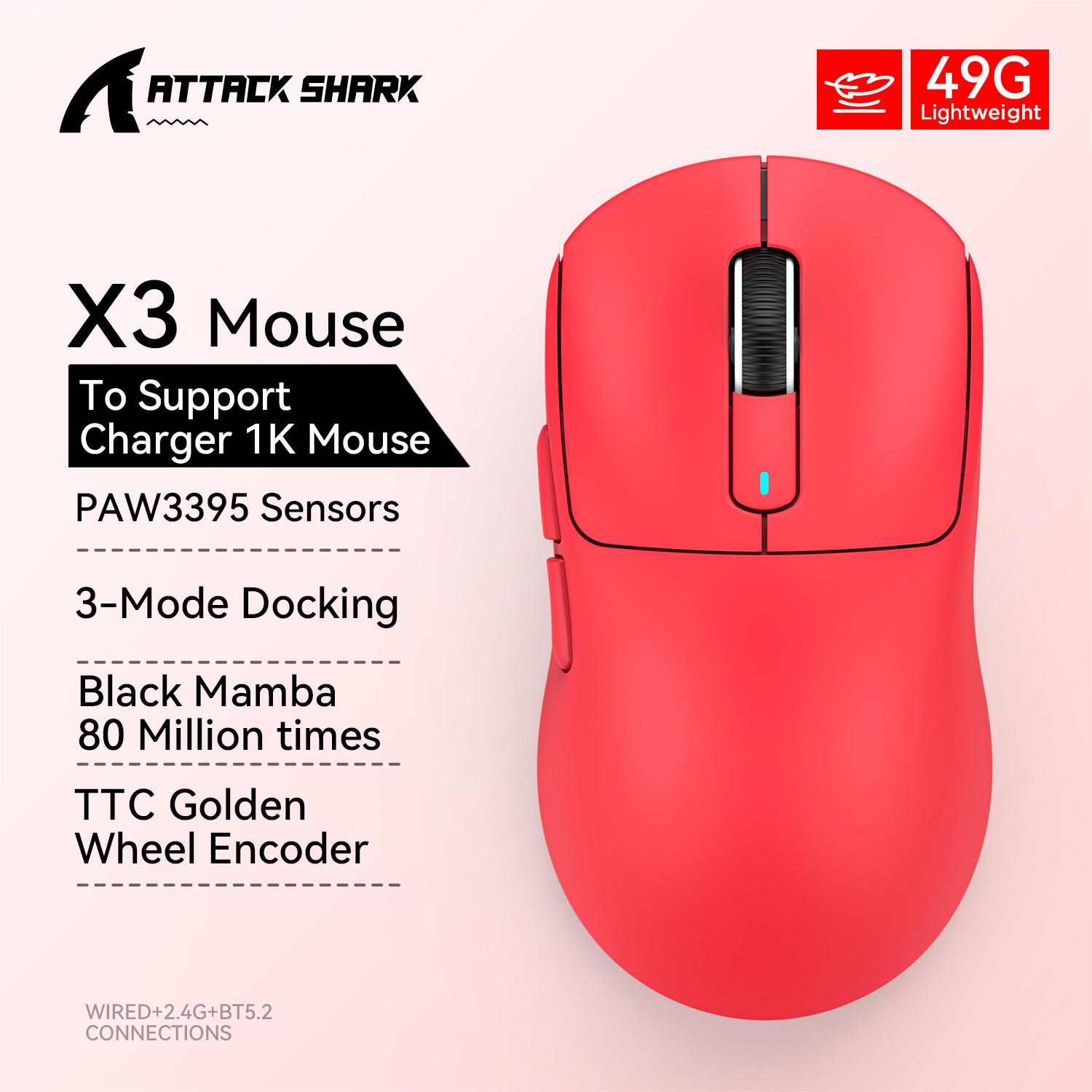 Souris de jeu X3 sans fil ATTACK SHARK couleur rouge 4K retours, connexion Tri Bluetooth, PAW3395, souris de jeu Macro Bluetooth: Rouge