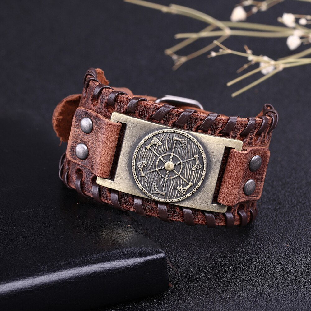Skyrim – bracelet en cuir large avec pendentif de hache Viking, bijoux de la mythologie nordique, amulette Kolovrat esclave Wicca Pulseira