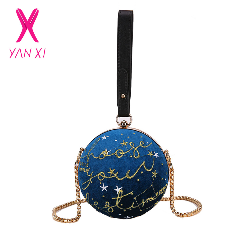 Stickerei Sterne Cord Runde Ball Tasche Partei Handtasche Schulter Tasche Crossbody Mini Umhängetasche Weibliche Bolsa Armband Tasche
