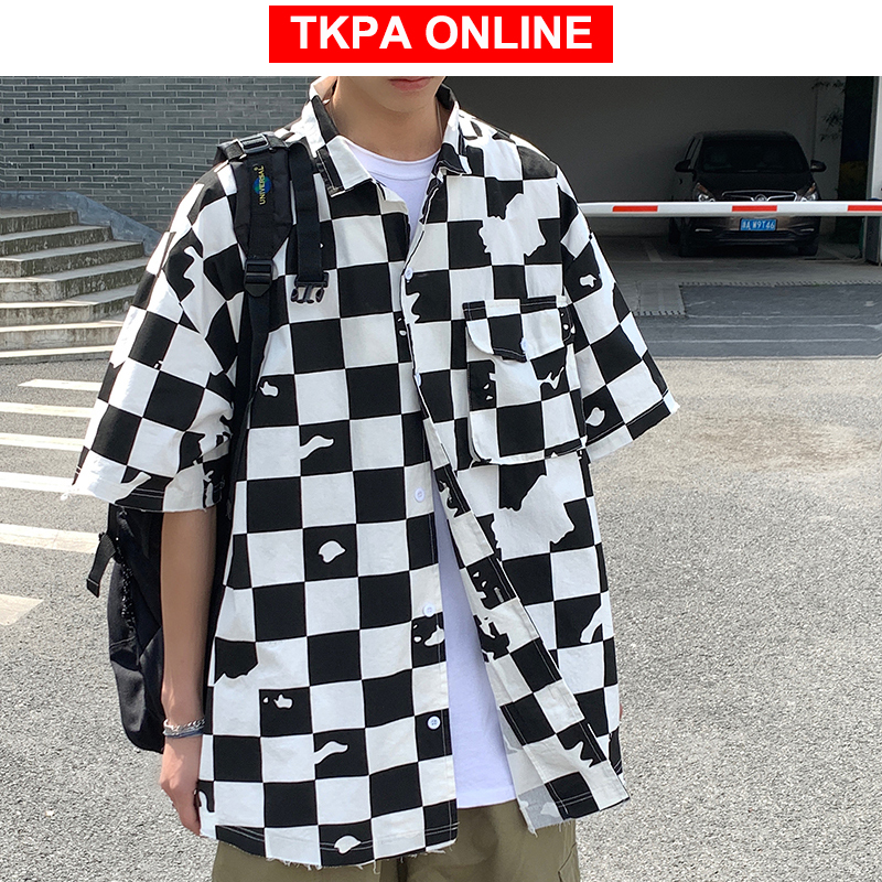 Los hombres coreano a cuadros camisas de manga corta de Verano de las mujeres Harujuku blusas ropa informal japonesa Hip Hop abotonada camisas