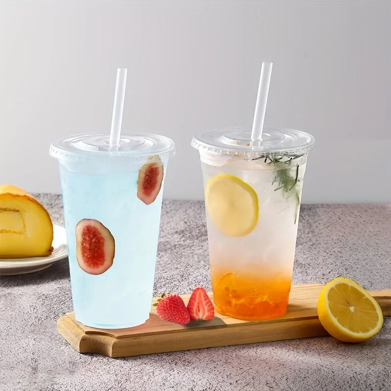 50 stk. 12/16oz engangskopper i plastik med låg til iskaffe, smoothie, milkshake, kolde drikke, fødselsdagsfestartikler