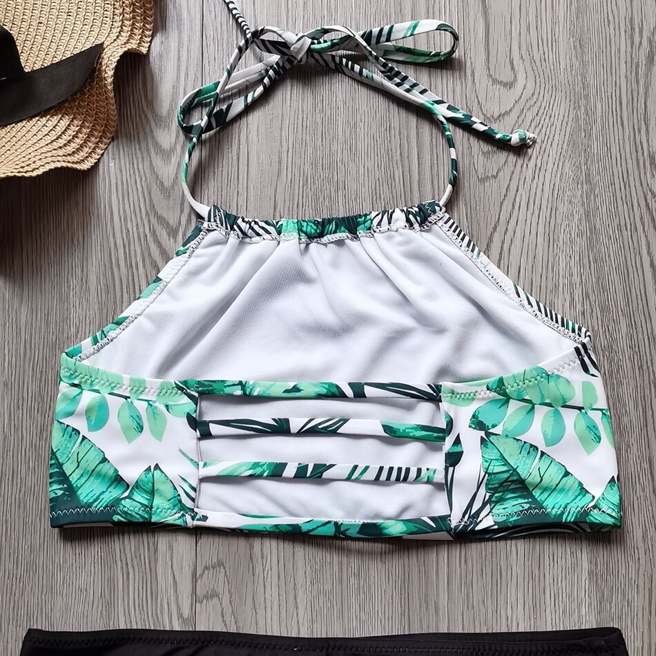 Girl Swimwear Swimsuit Kids 5-14 Years Teenage Girl Bikini Set Tropical Palm Tree Girls Bathing Suits Halter Top Beachwear