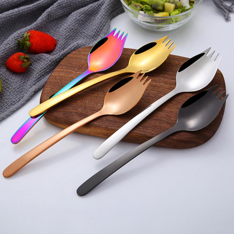 Tenedor y combinación de cuchara 2 en 1, vajilla de acero inoxidable de alta gama para ensalada, tenedor para Noodles, cuchara para sopa, cubiertos creativos para alimentos