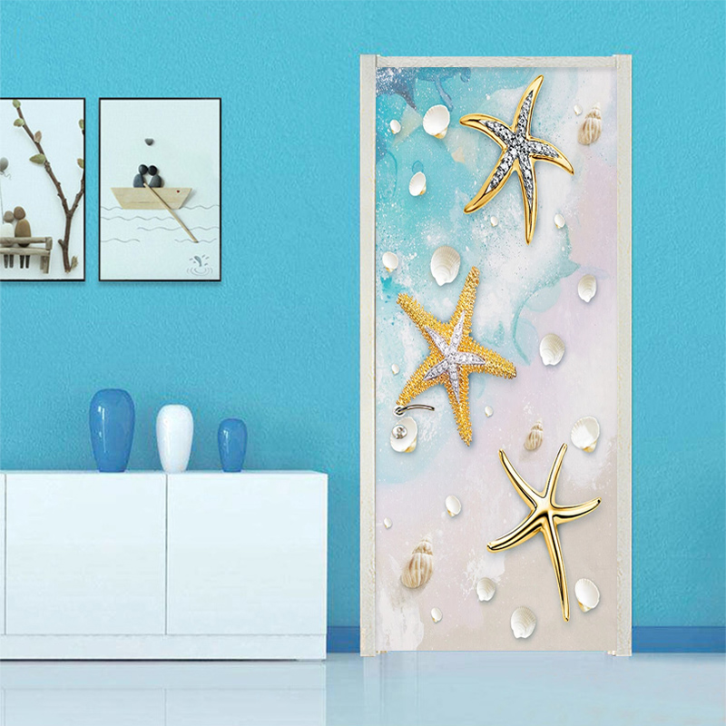 3D Wall Door Sticker Modern Blue Mediterranean Golden Starfish Shell Vinyl Door Murals Bathroom Kids Bedroom Self-Adhesive Decal