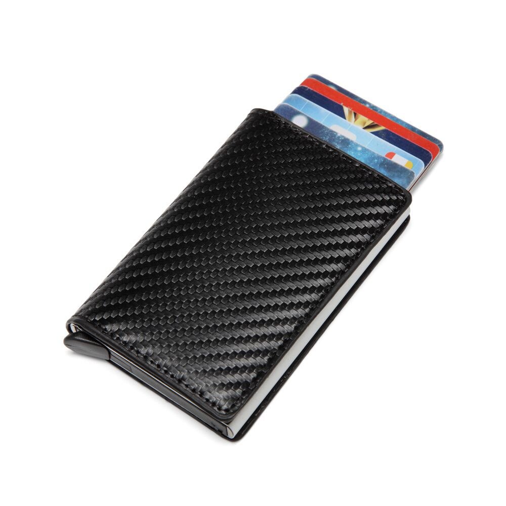 Men Automatic Credit card holder carbon fiber Leather Wallet Aluminum Mini Wallet With Back Pocket ID Card RFID Blocking purse: Black and Sliver