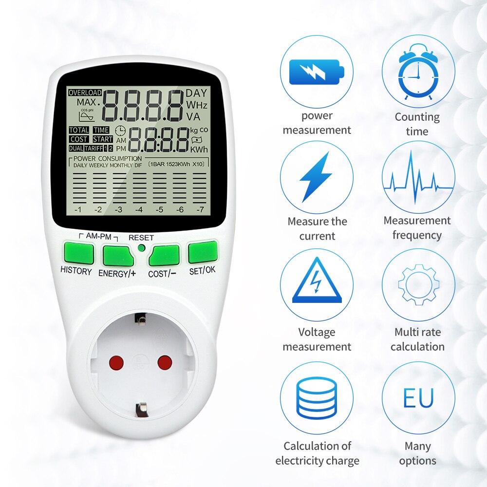 EU Plug Power Meter Digital Wattmeter Socket AC 220V Energy Meter LCD Disply Electricity Cost Diagram Measuring Socket Analyzer: VA079 Model