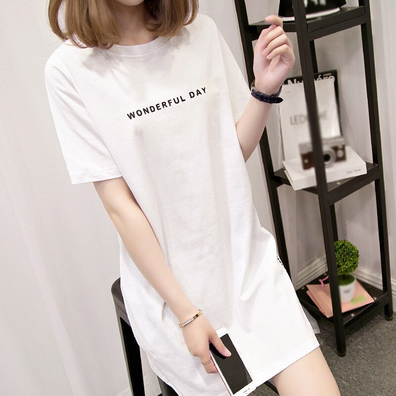 Loose casual Homewear Women Short Sleeve Cotton Blend Long Tshirt Tank Top Women O neck: White / M