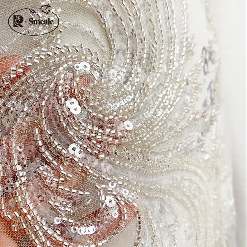 Luxe Europese En Amerikaanse Bruiloft Sequin Zilveren Kralen Kant Stof Positionering Bloemen RS2771