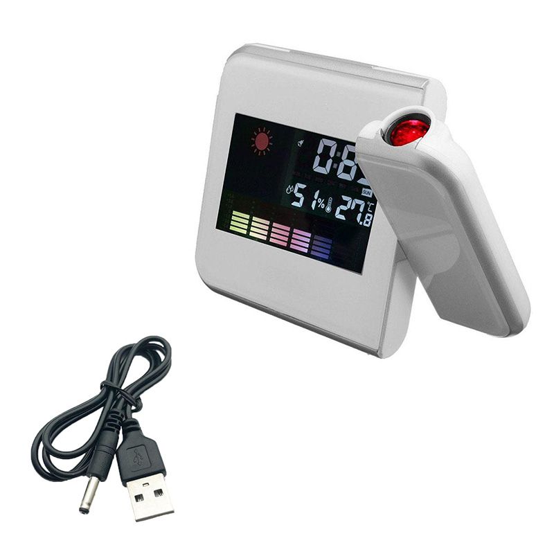 Digital Alarm Clock LED Projection Temperature Thermometer Desk Time Date Display Projector Calendar USB Charger Table Clock: White With USB