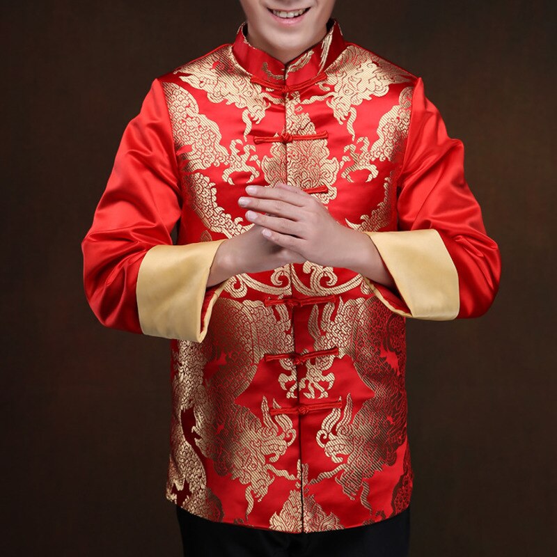 Czerwona tunika mężczyźni tradycyjny chiński mężczyzna orientalne męskie ubrania shanghai tang top cheongsam ślub chiński garnitur tang dla mężczyzn