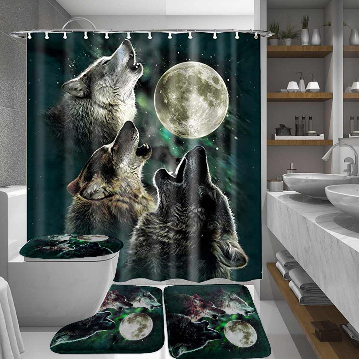 180x180cm 1 Pc/3 pièces/4 pièces blanc loup attrapeur de rêves yeux de loup avec 12 crochets salle de bain rideau de douche tapis de toilette couvercle tapis ensembles de rideaux: Wolves 4Pcs